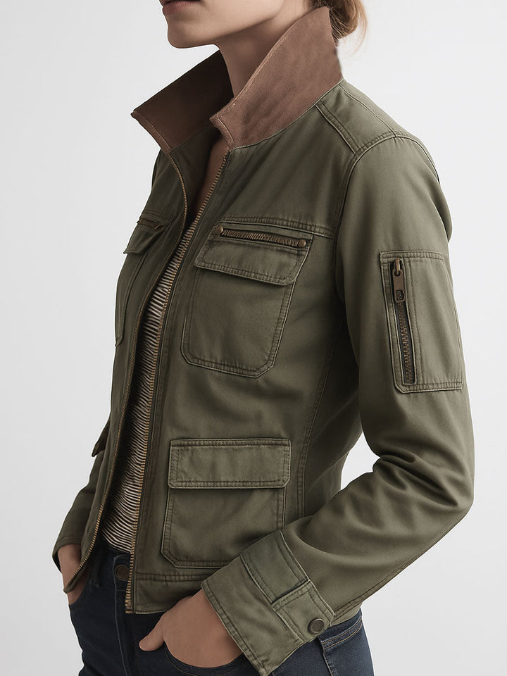 Olive green cargo jacket full length view