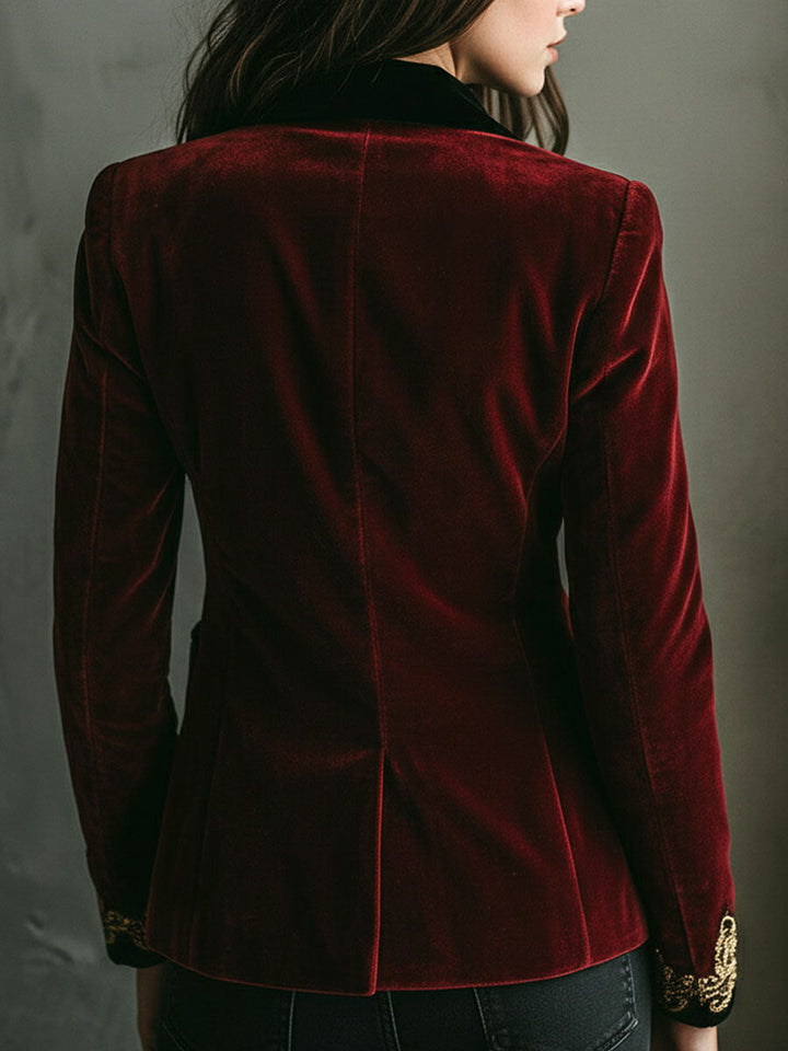 Black velvet gold embroidery blazer detail view