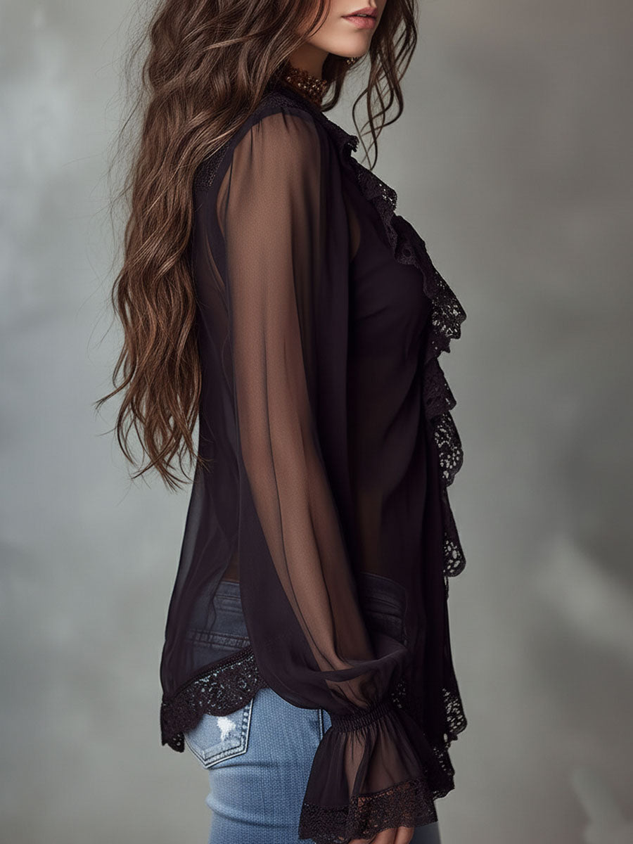 Black chiffon lace ruffle blouse full length view