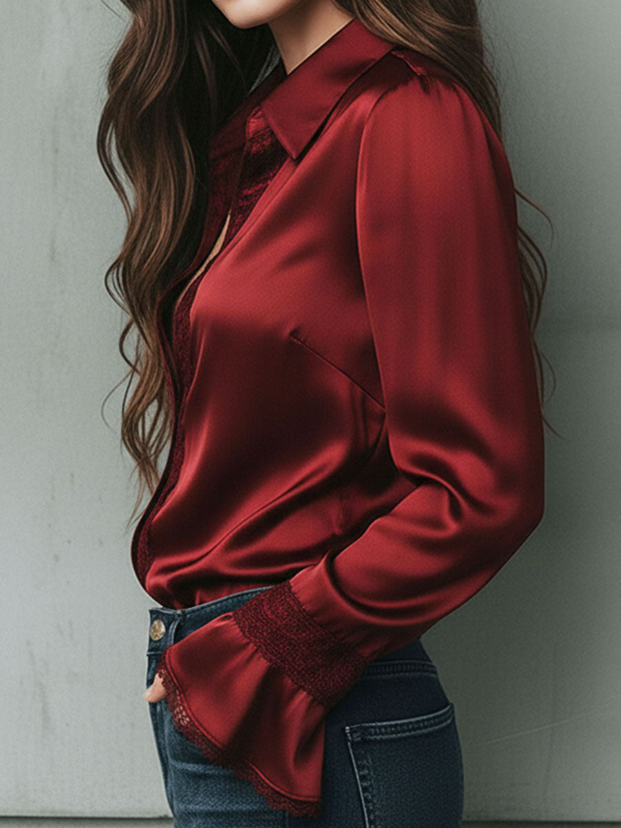 Burgundy lace trim blouse detail view