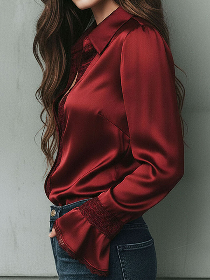 Burgundy lace trim blouse detail view