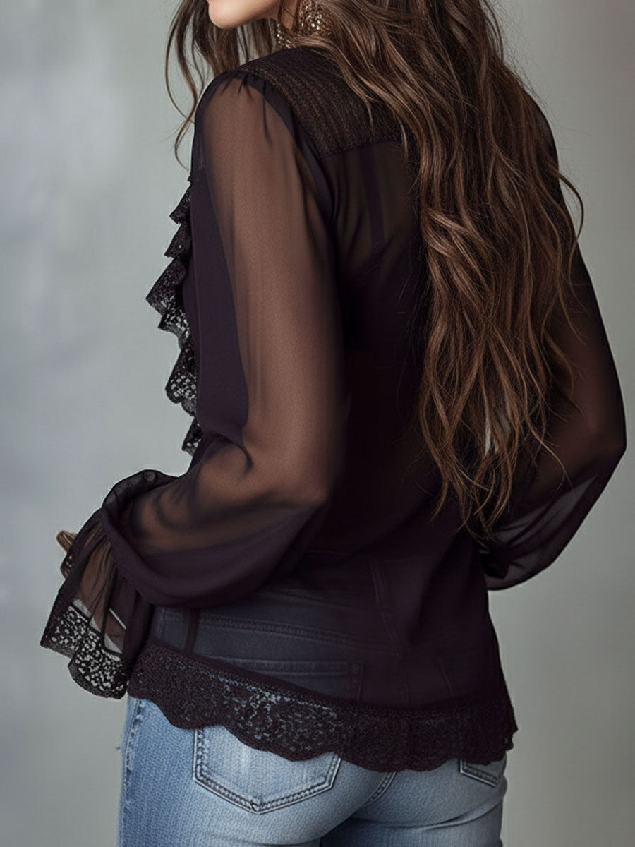 Lace trim chiffon ruffle blouse back view