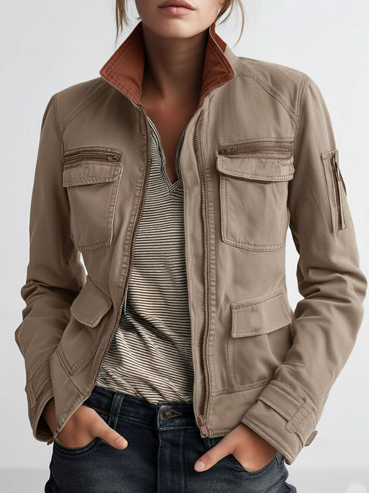 Olive cargo jacket side view