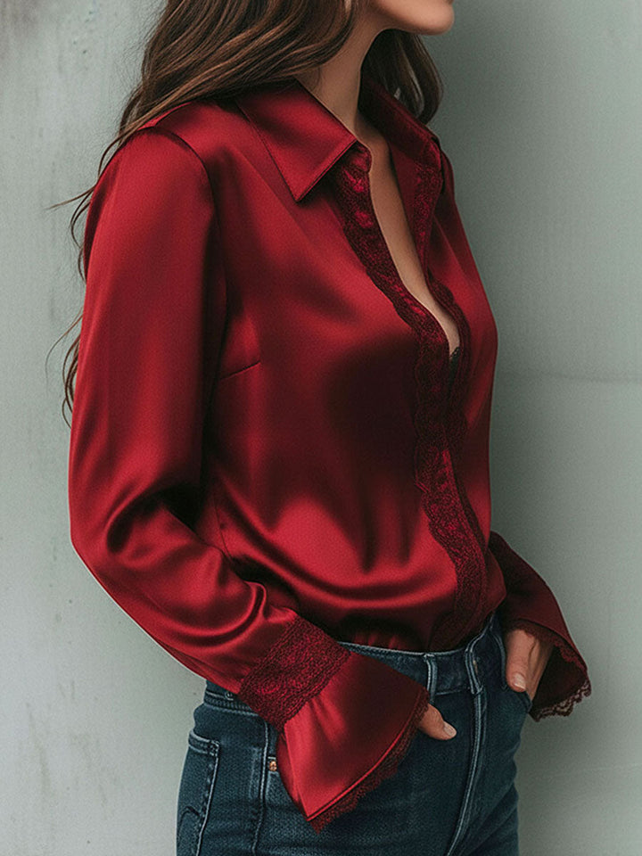 Satin lace trim flared blouse back view