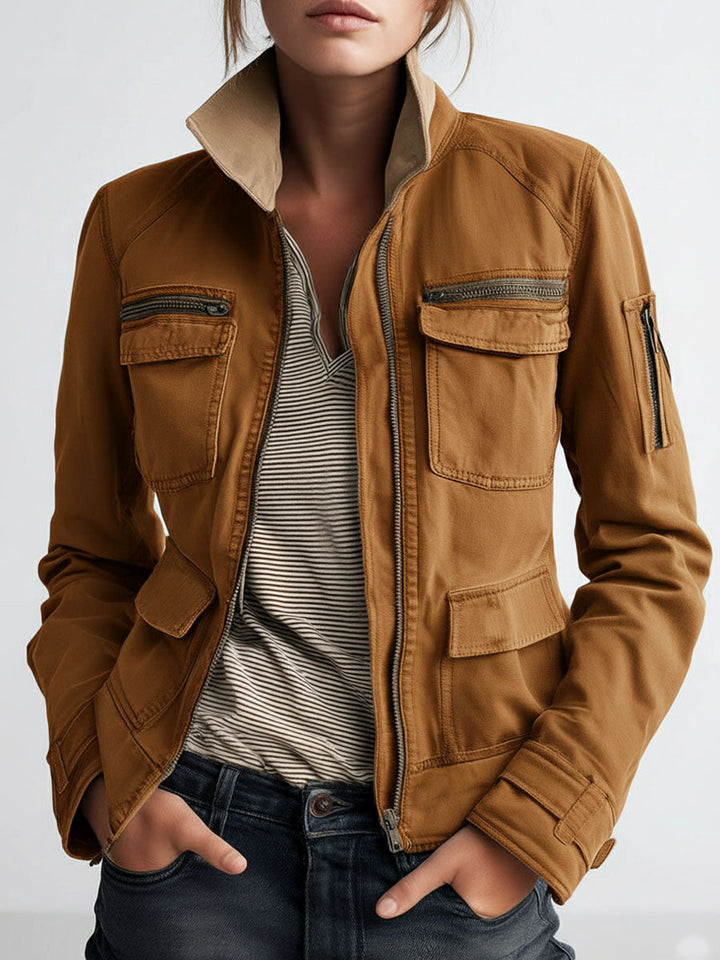 Olive cargo jacket utility pocket detail view