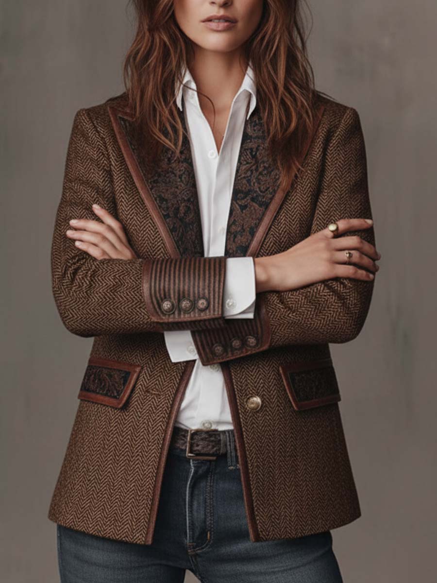 Tweed blazer printed panel detail close-up