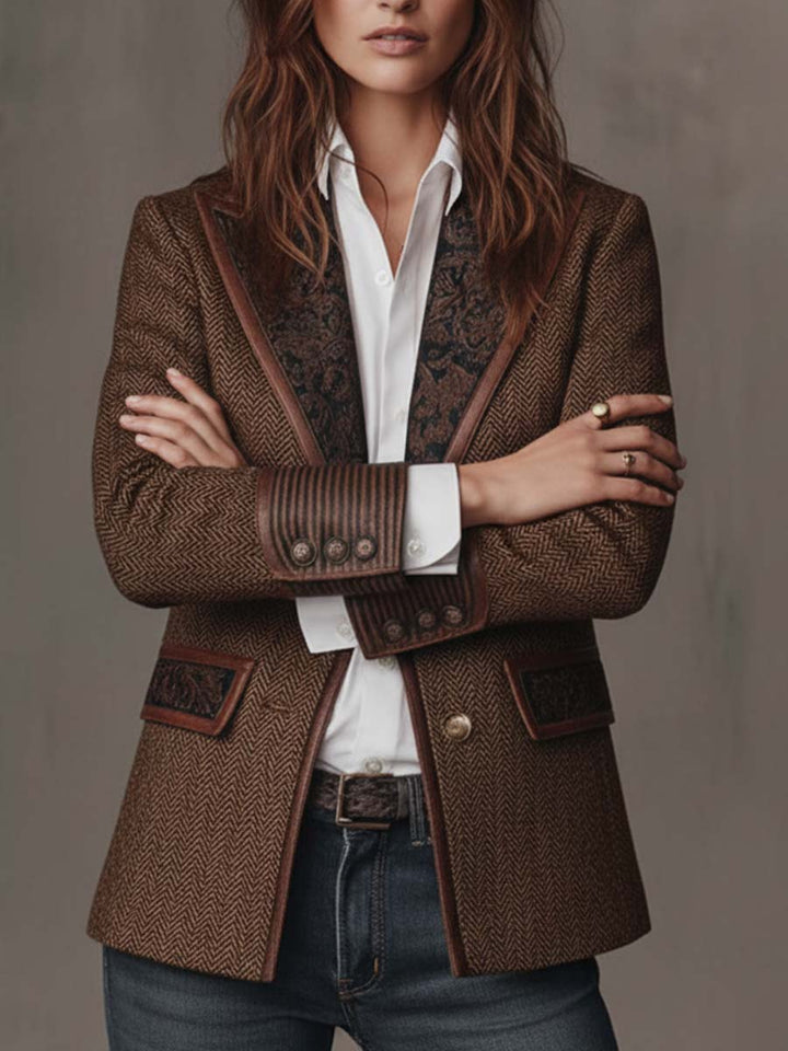 Tweed blazer printed panel detail close-up