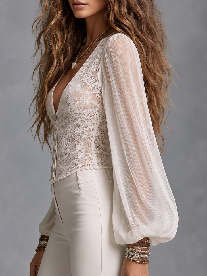 Balloon sleeve lace blouse back view