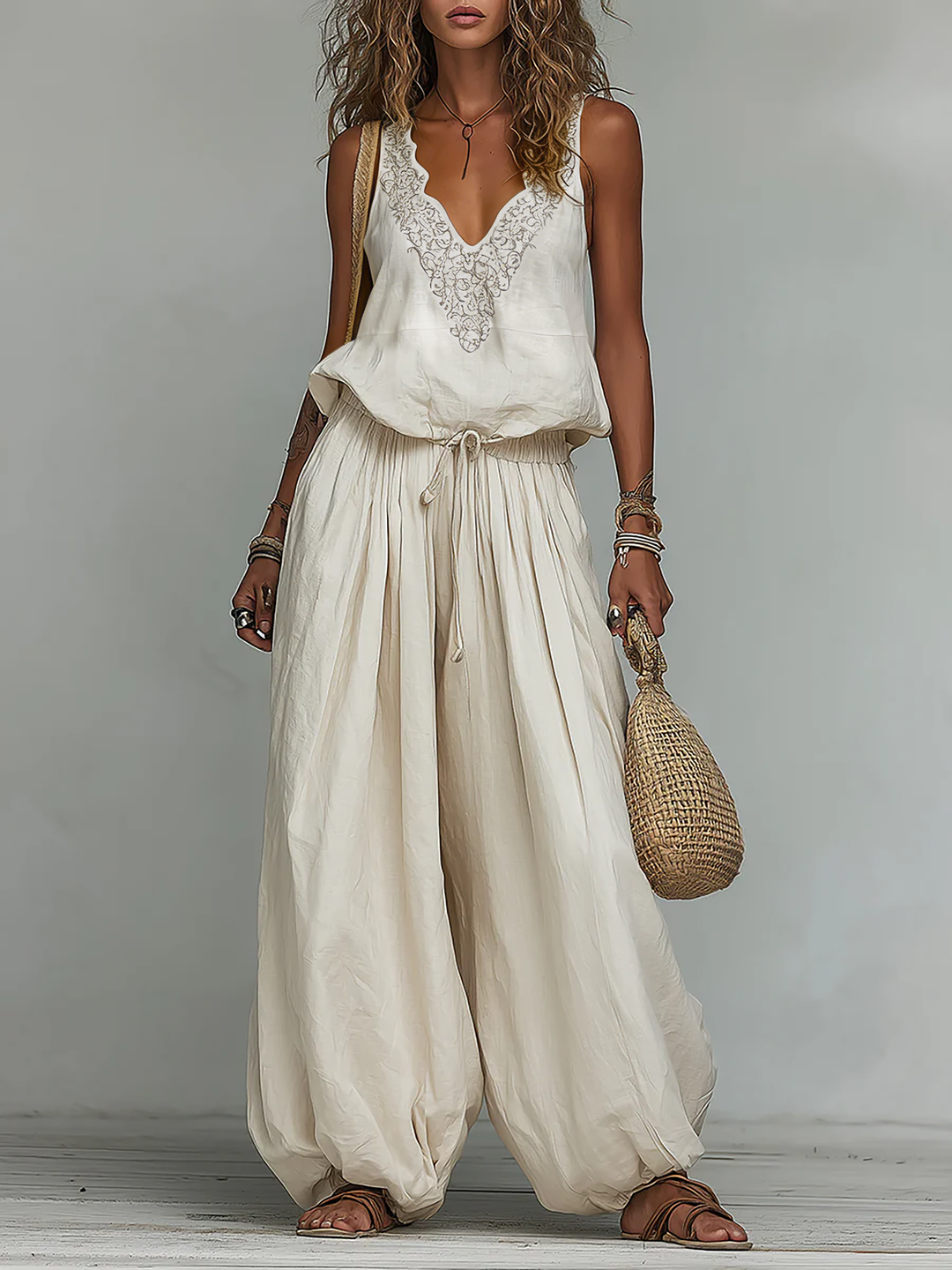 Boho embroidered vest balloon pants set front view