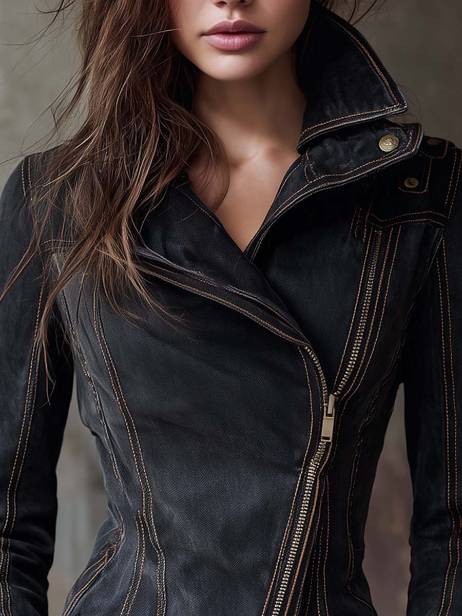 Charcoal denim moto jacket back view