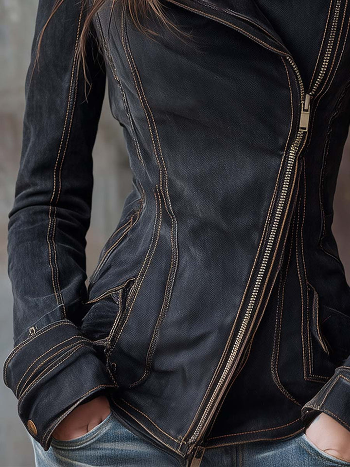 Charcoal denim moto jacket full length view