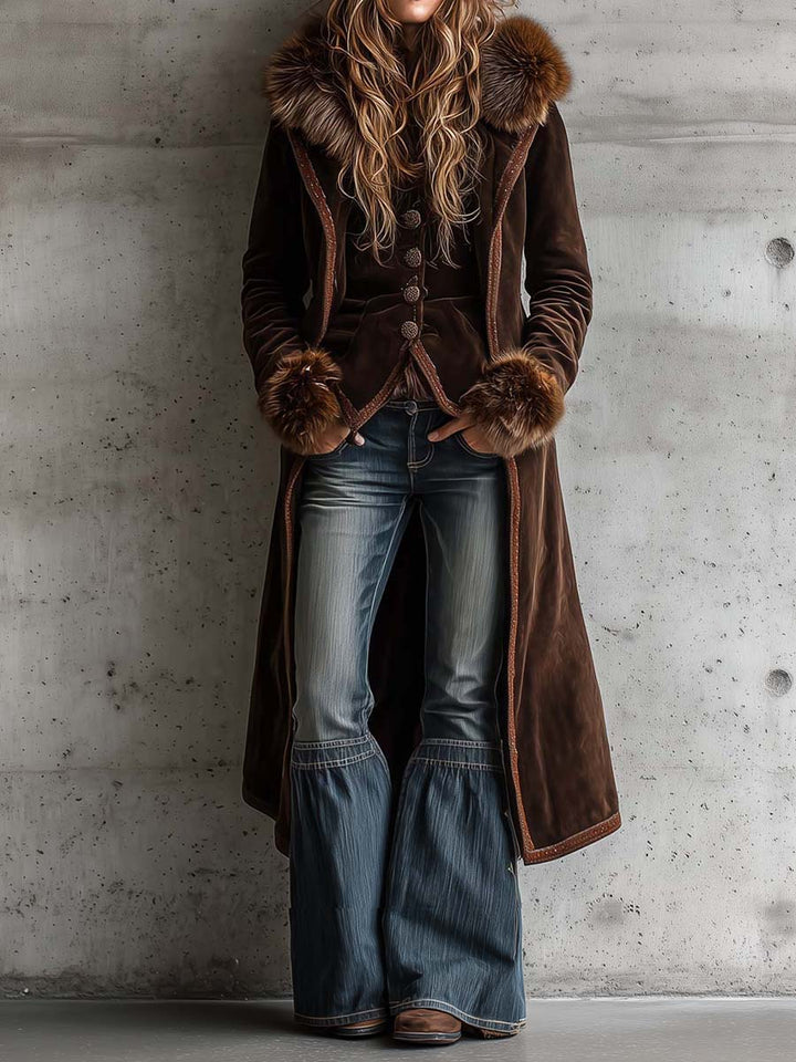 Brown microfiber suede maxi coat metal buttons faux fur trim detail view