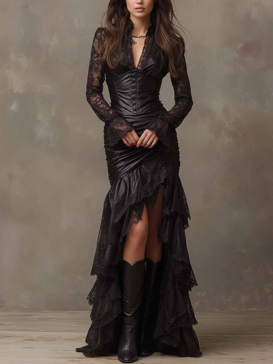 Leather corset lace sleeve maxi dress side view