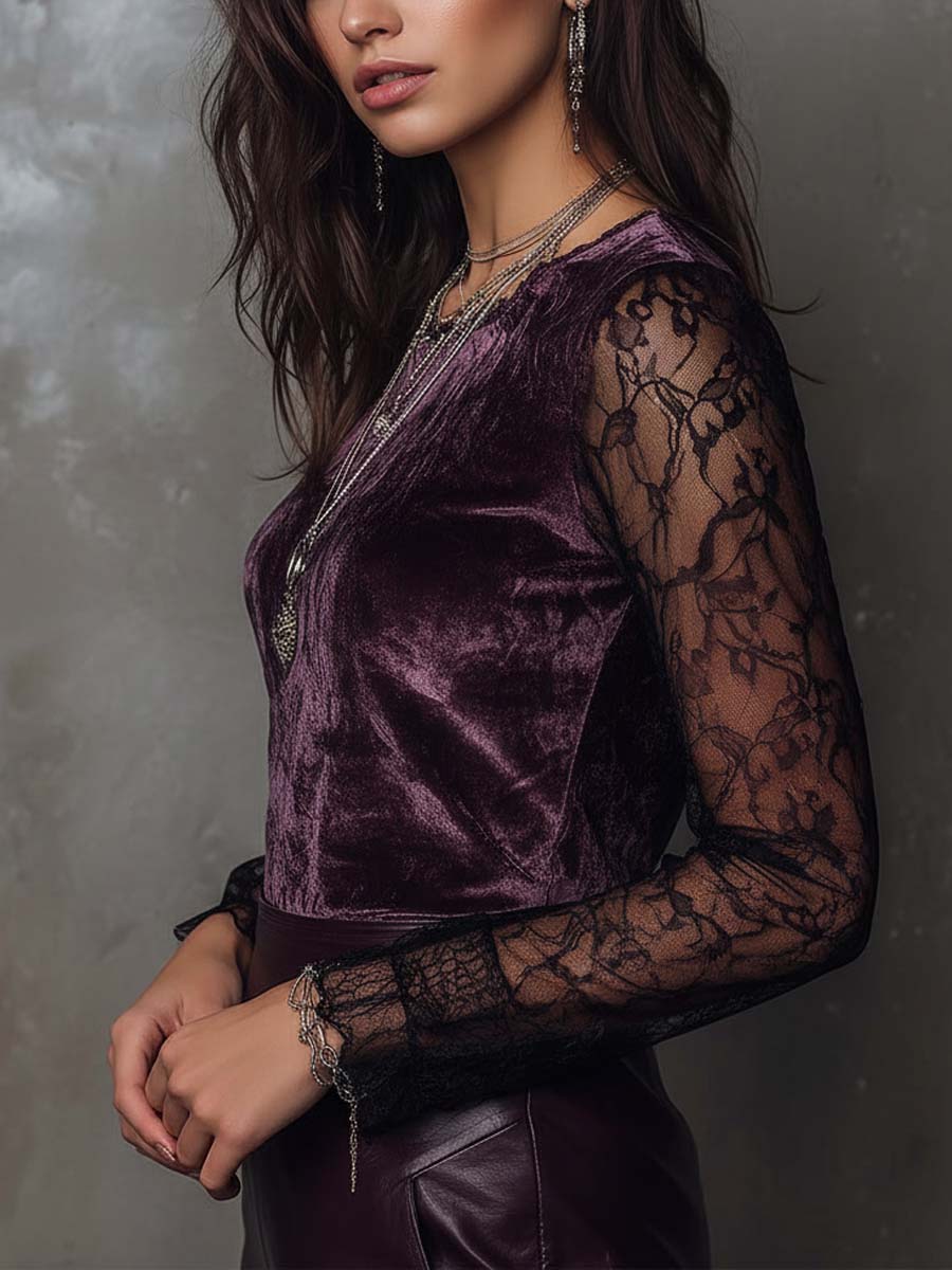 Velvet and lace gothic sheer-sleeve top detail view