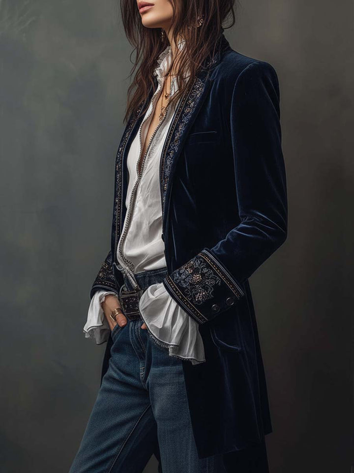 Navy embroidered velvet jacket side view