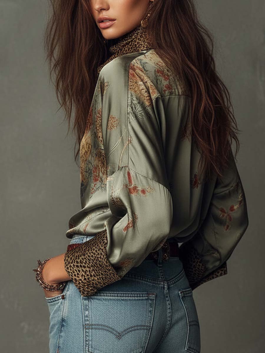 Floral satin button-down shirt side view