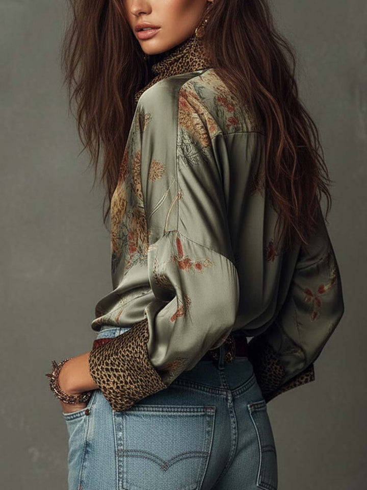 Floral satin button-down shirt side view