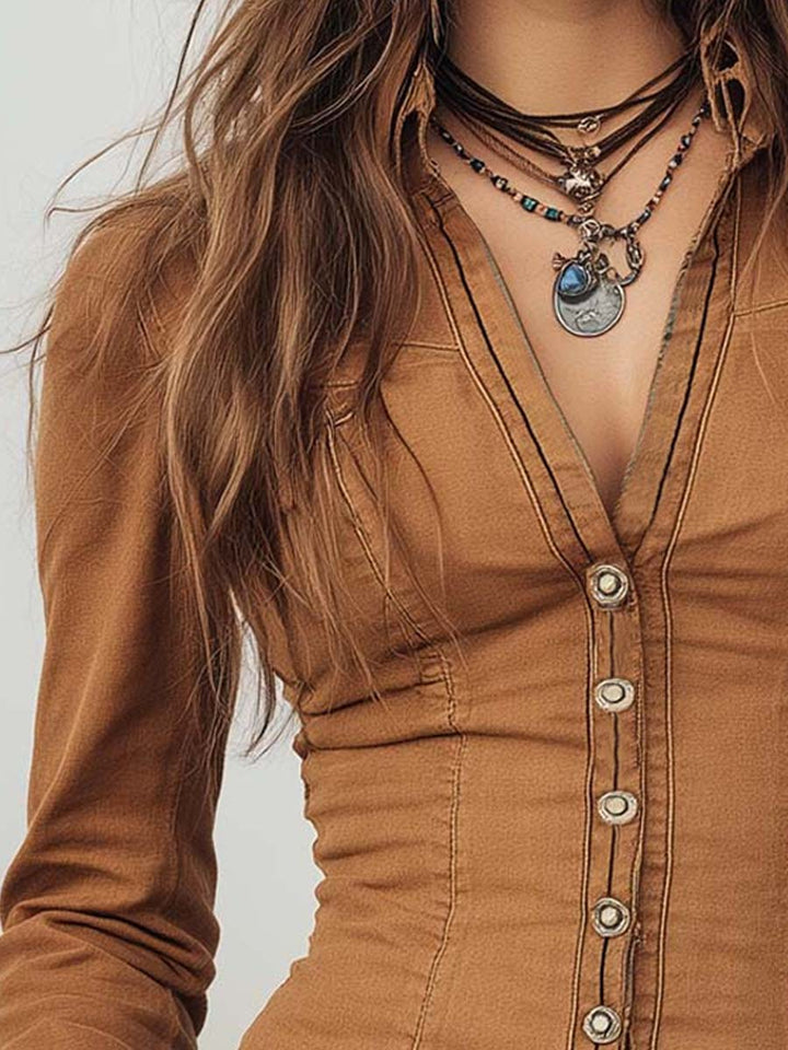 Washed camel shirt full length view