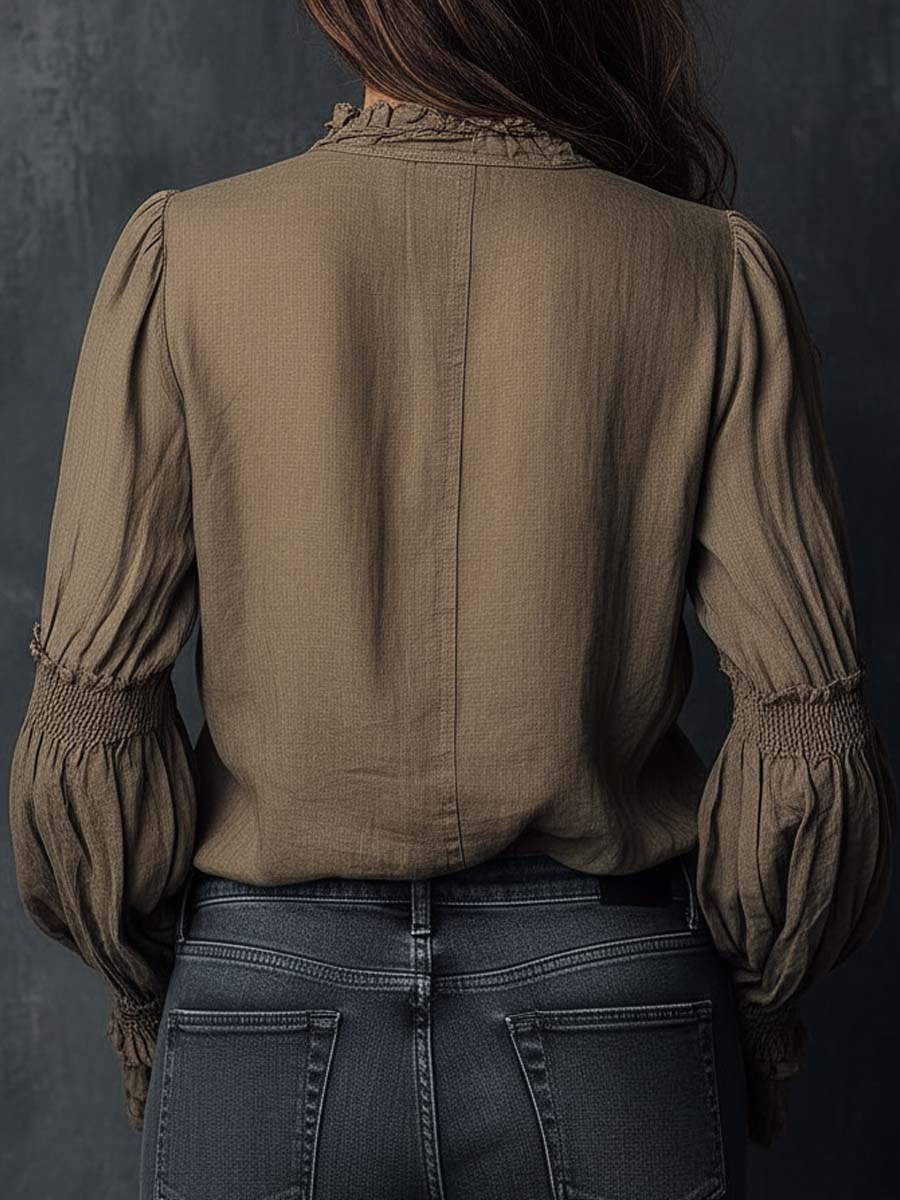 Boho ruffled cuff half-zip blouse detail view
