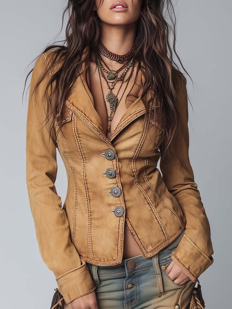 Slim-fit vintage washed khaki denim jacket front view