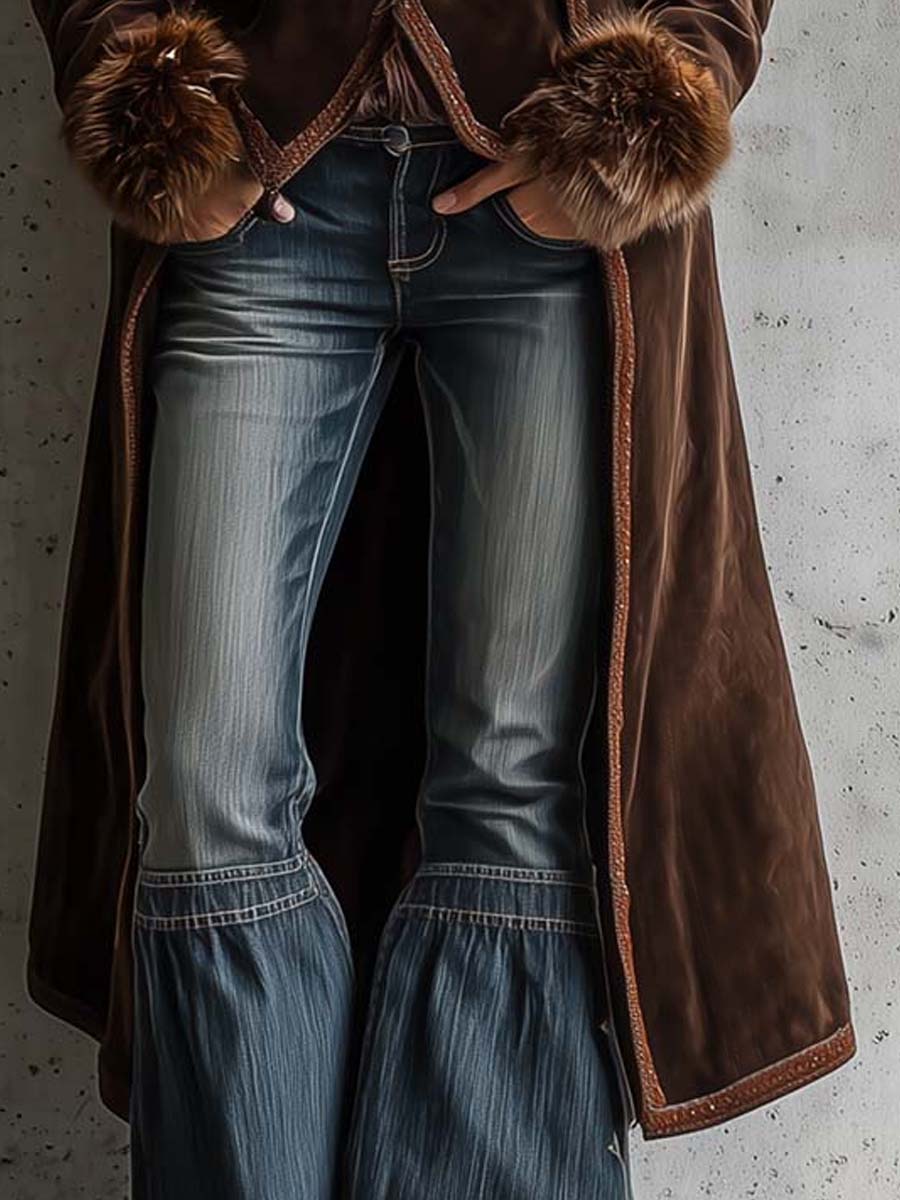 Brown microfiber suede maxi coat metal buttons faux fur trim styled view
