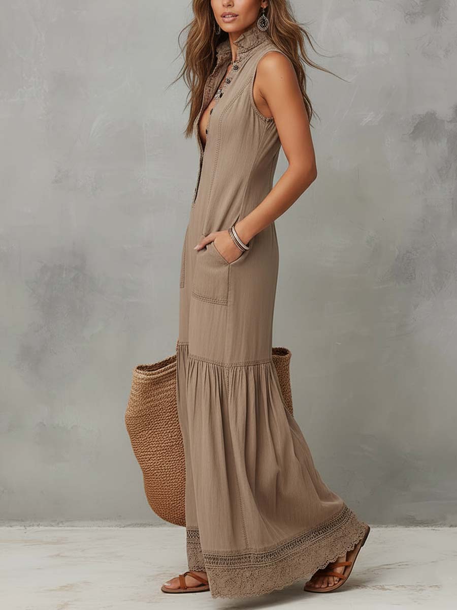 Khaki sleeveless maxi dress side view