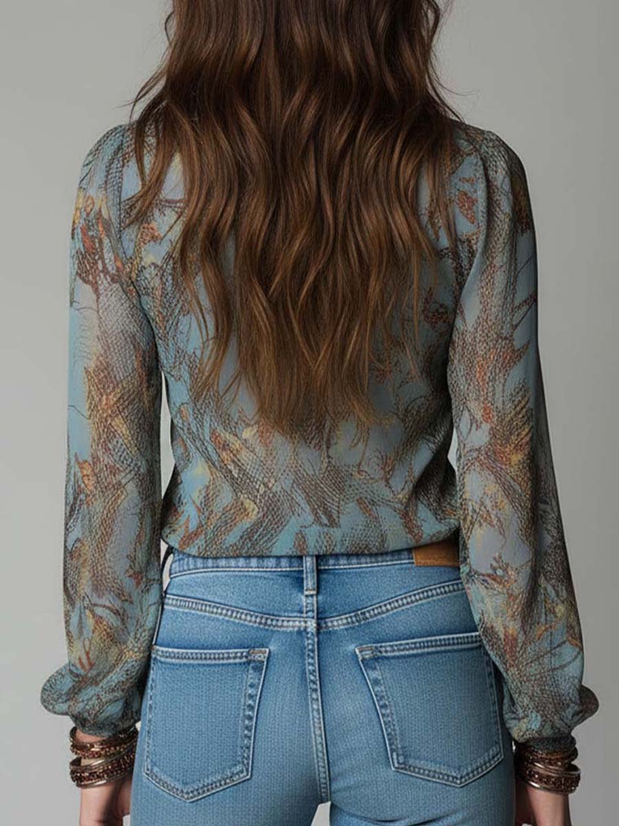 Mist blue snake floral blouse detail view