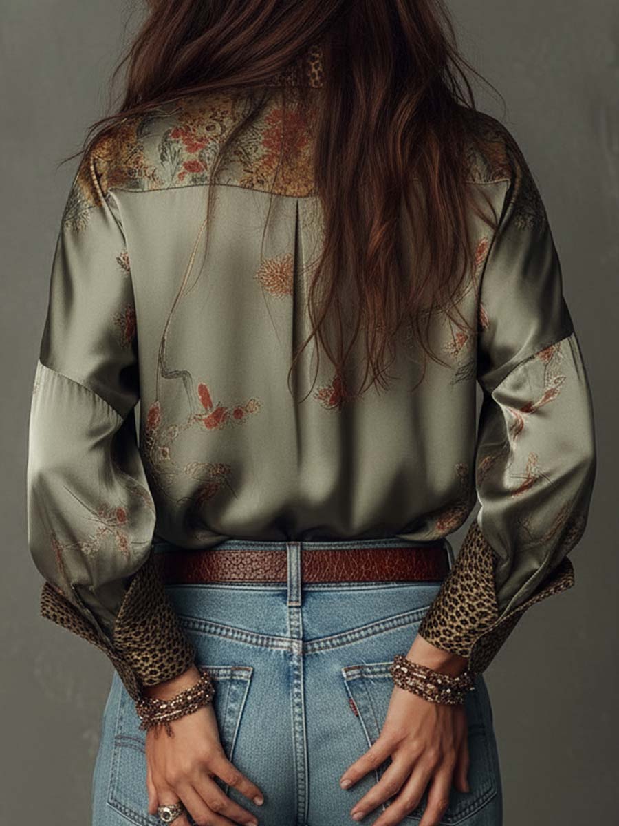 Satin floral leopard trim shirt back view