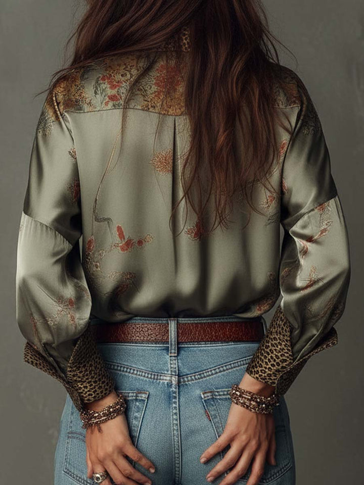 Satin floral leopard trim shirt back view