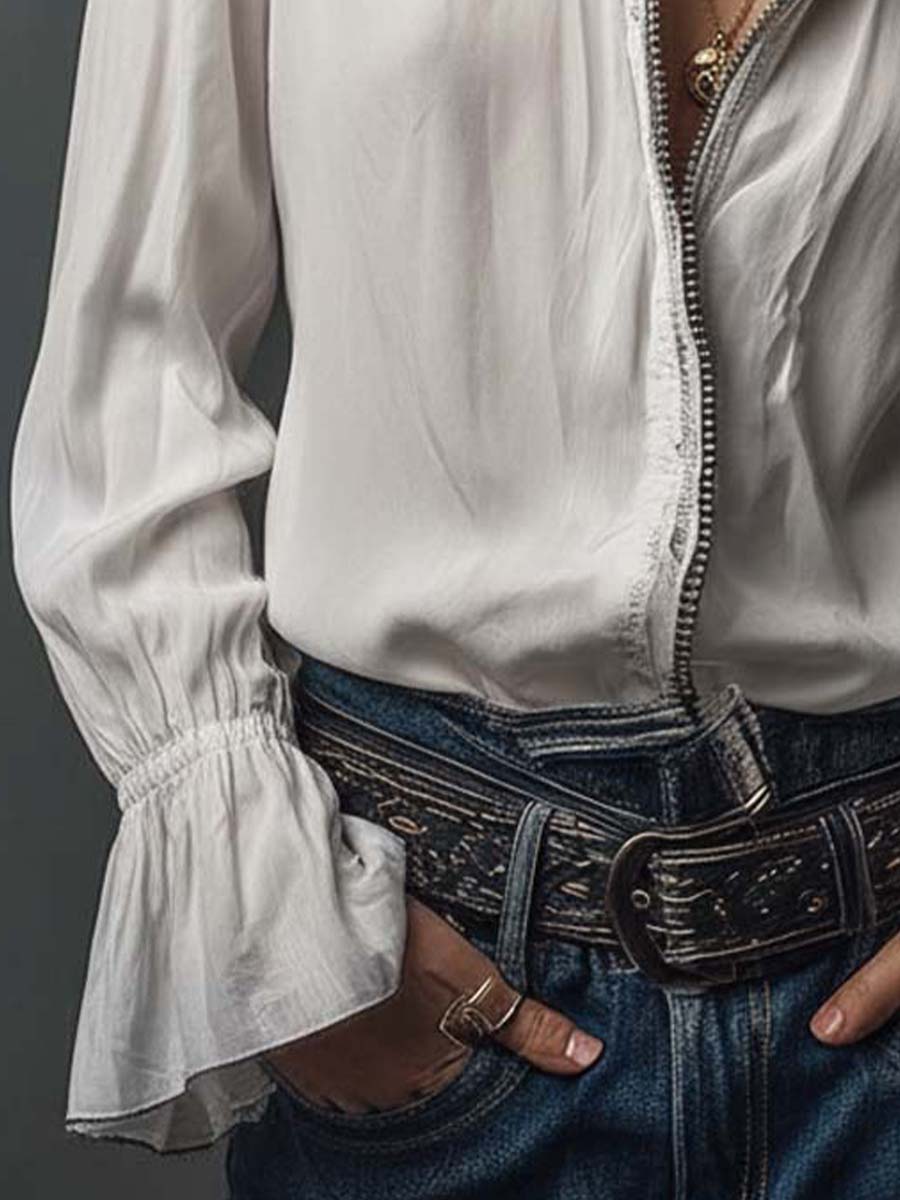 White zip-front flounce cuffs blouse styled look