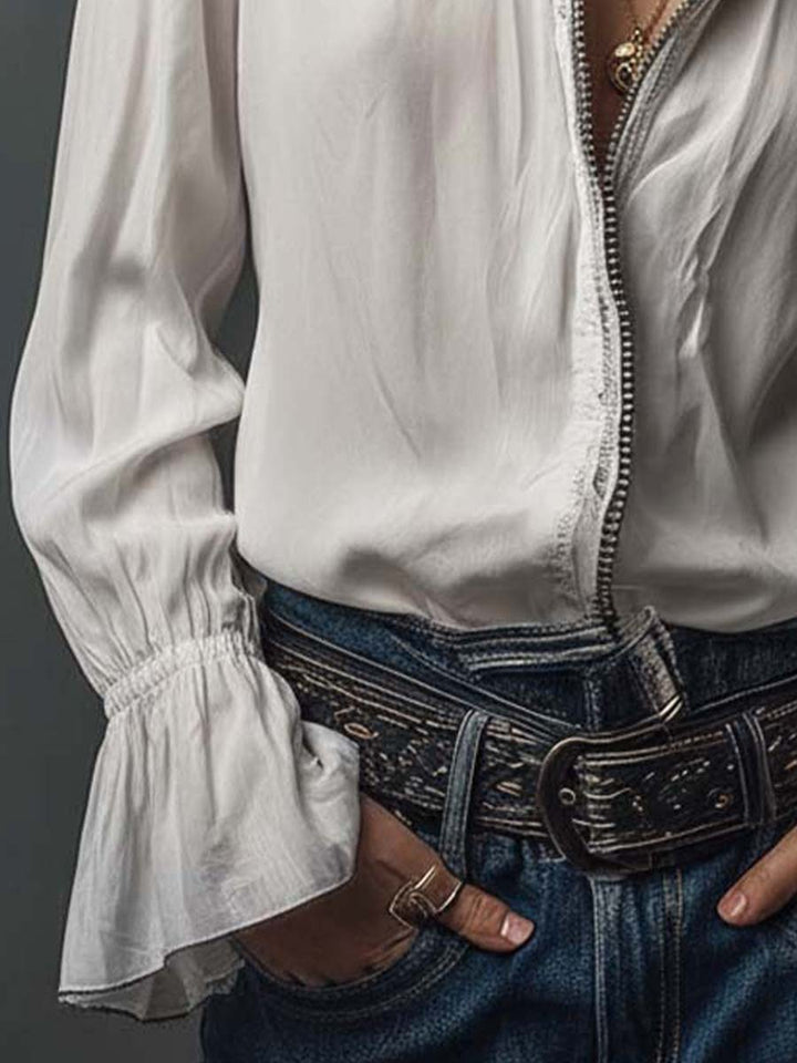 White zip-front flounce cuffs blouse styled look