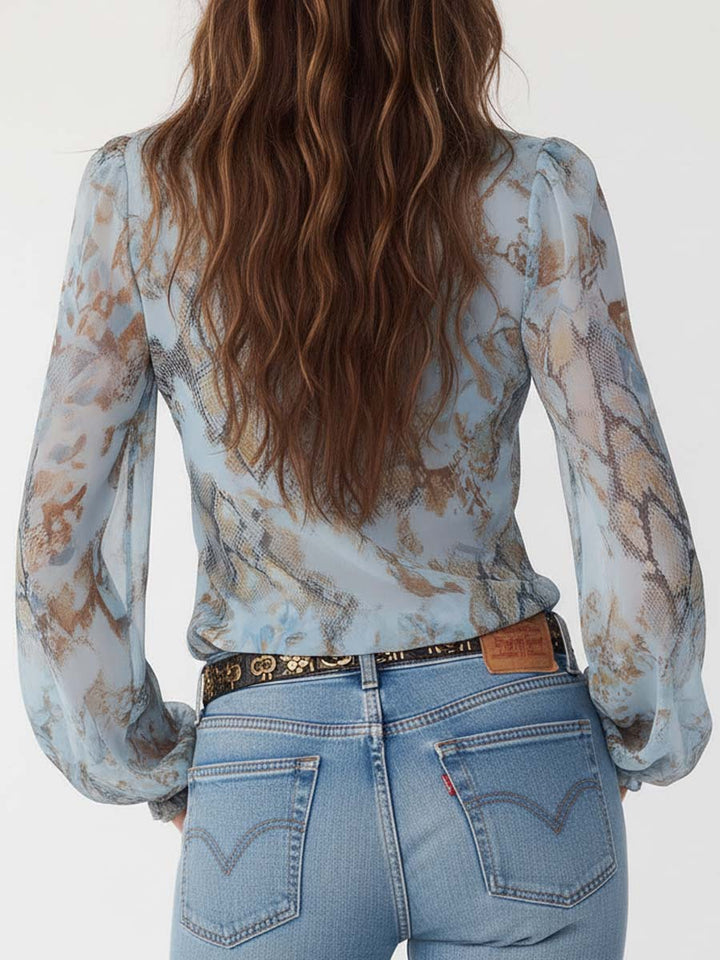 Blue print ruffled chiffon blouse styled look