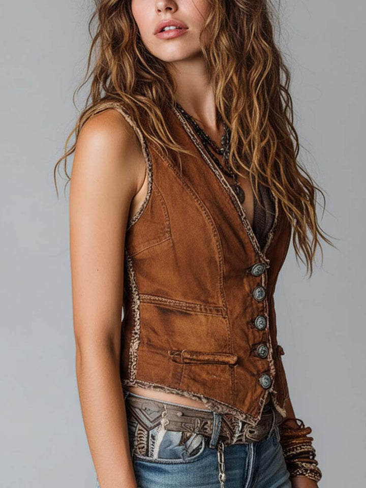 Caramel denim vest brass button detail close-up