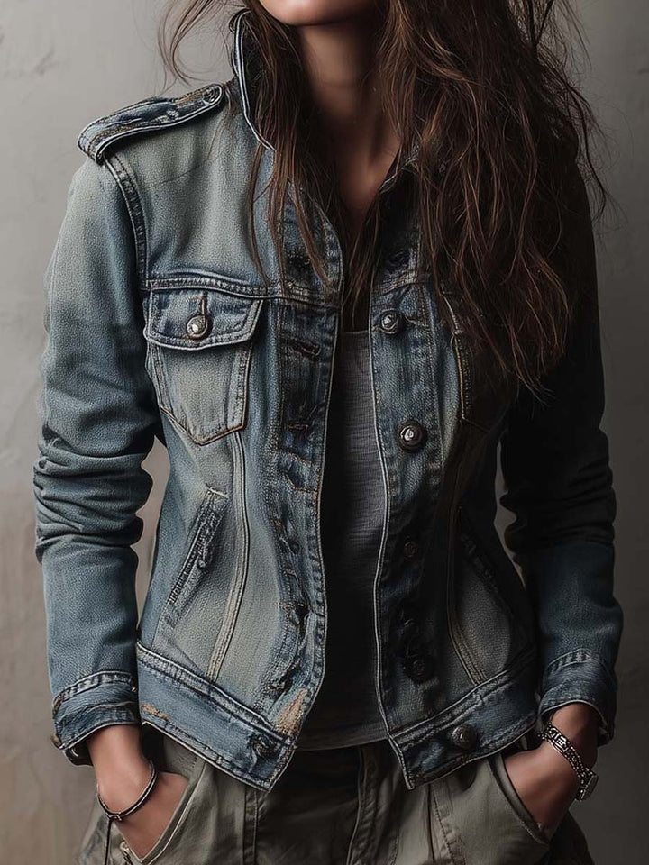 Washed denim jacket side view