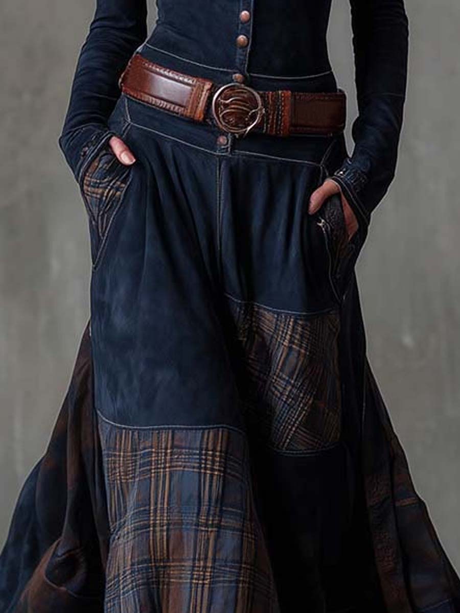 Vintage patchwork suede maxi dress plaid panels styled view