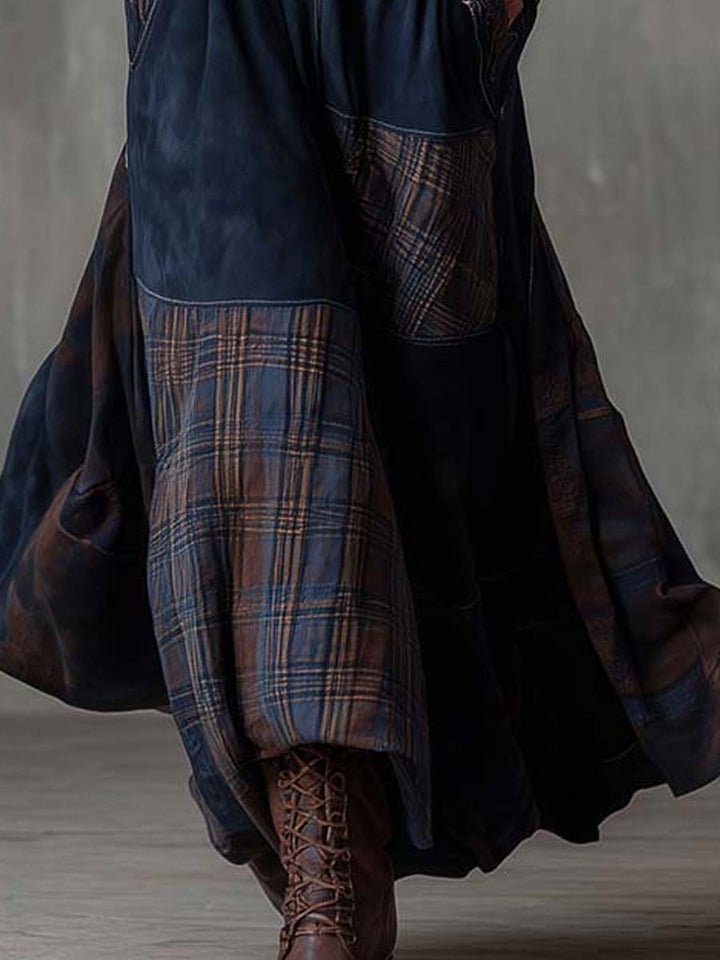 Vintage Patchwork Suede Maxi Dress With Plaid Panels