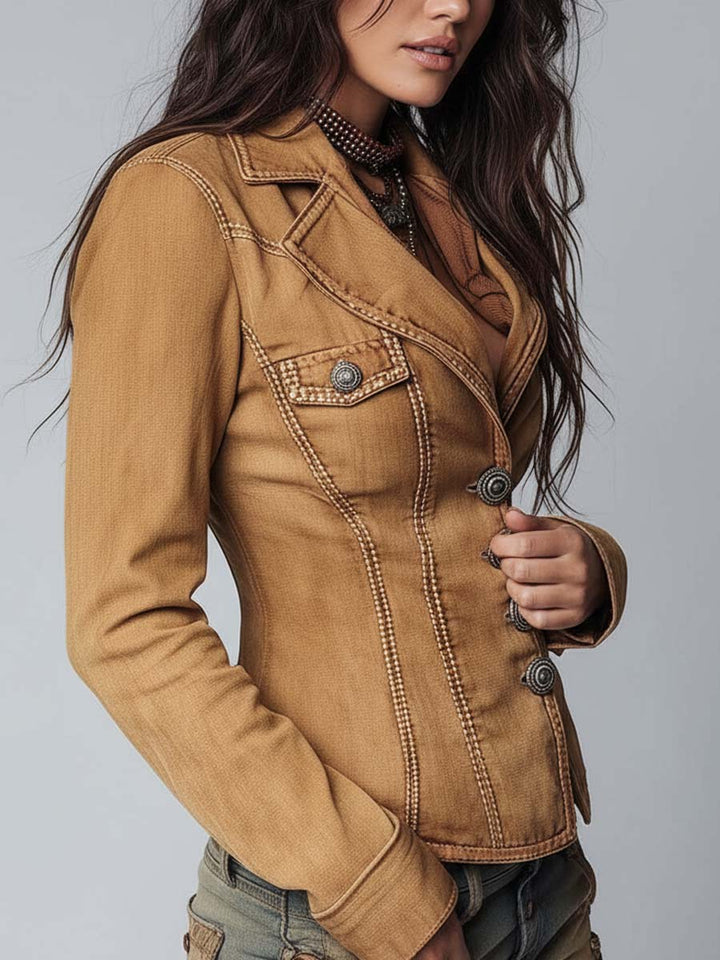 Slim-fit khaki denim jacket detail view
