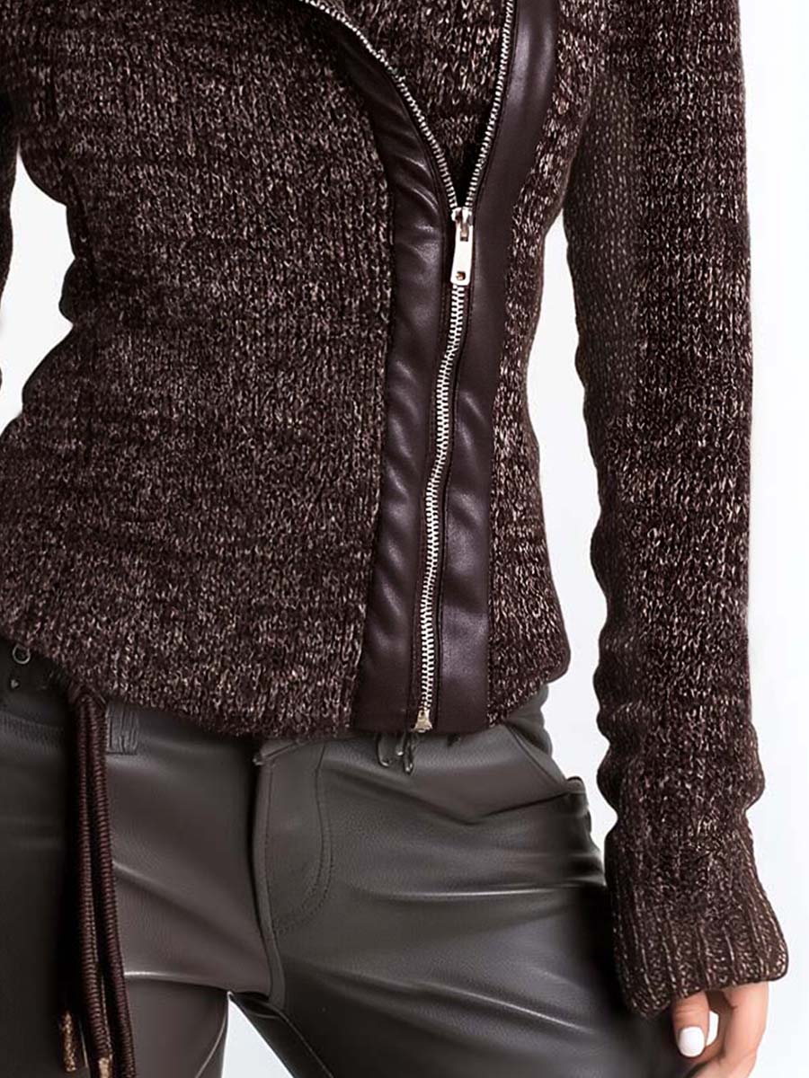 Brown ribbed knit zip detail view