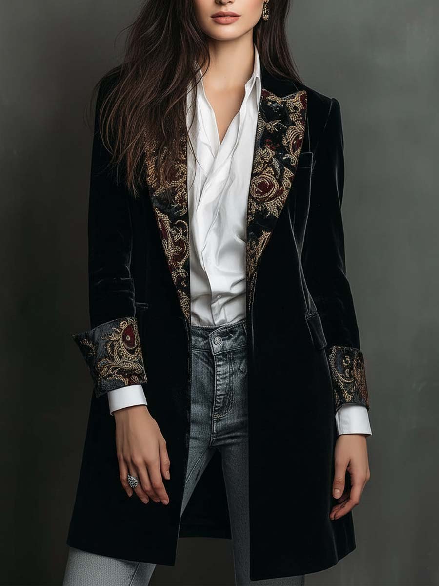 Black velvet baroque blazer side view