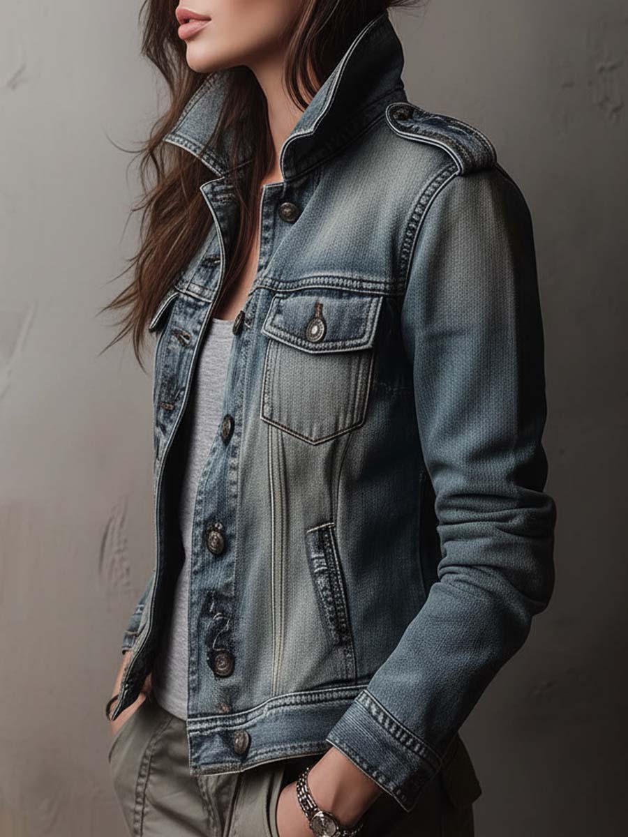 Utility denim jacket epaulette detail close-up
