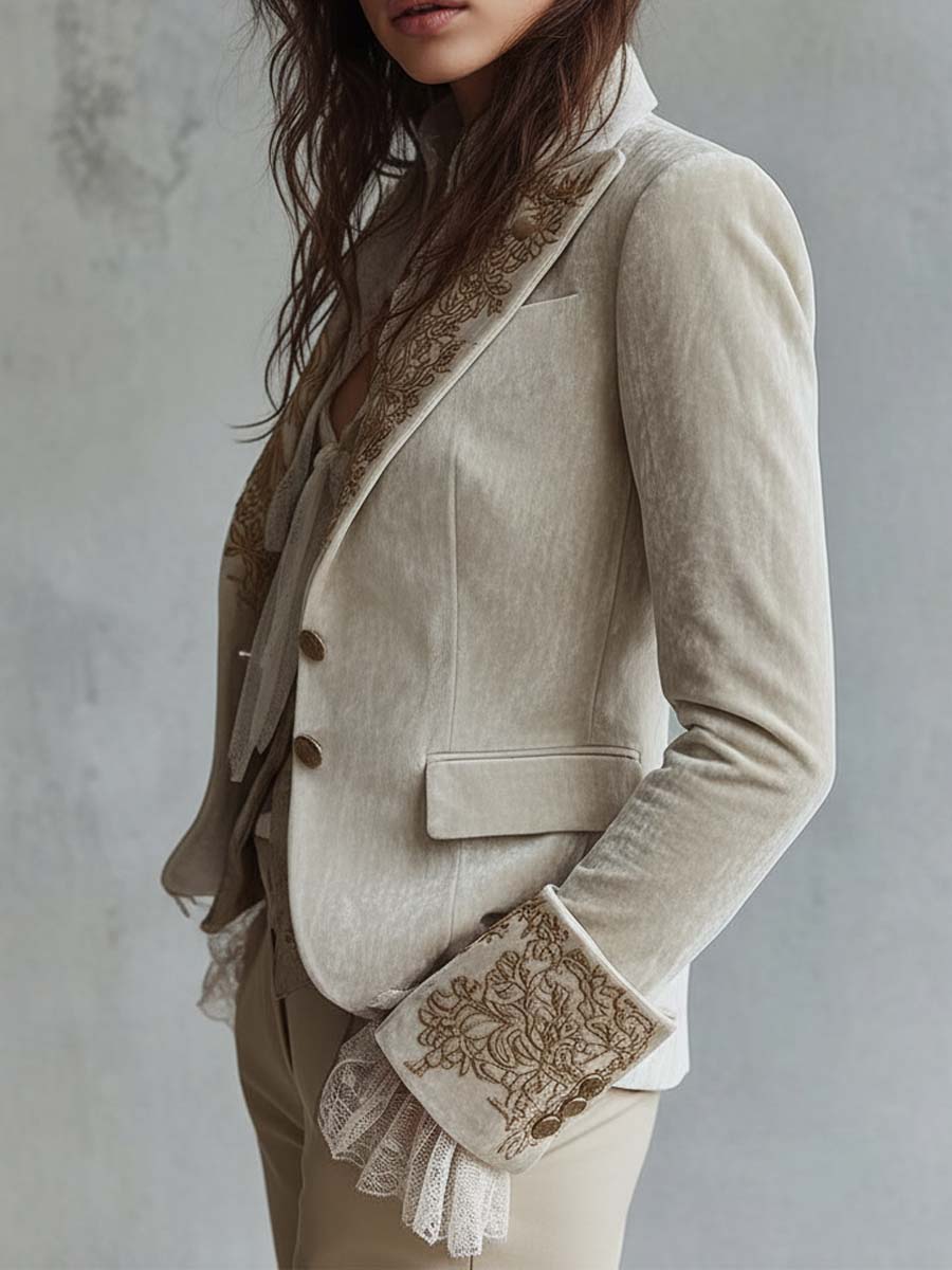 Ivory embroidered velvet blazer side view