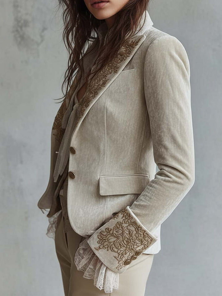Ivory embroidered velvet blazer side view