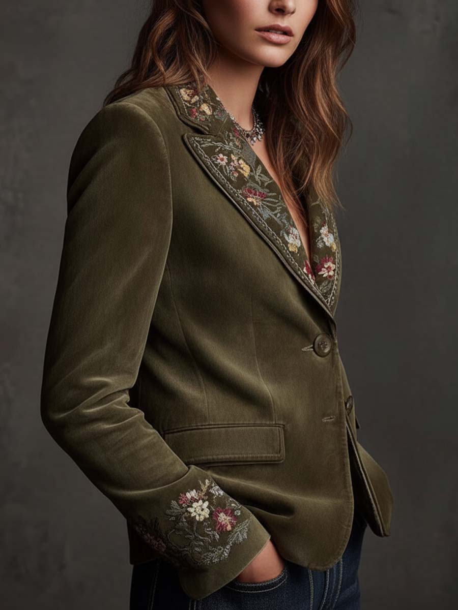 Olive green velvet blazer intricate floral embroidery back view