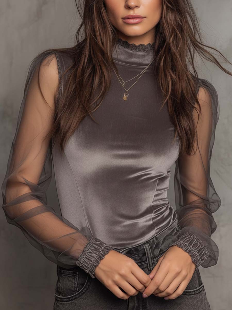 Velvet mesh high-neck top side view