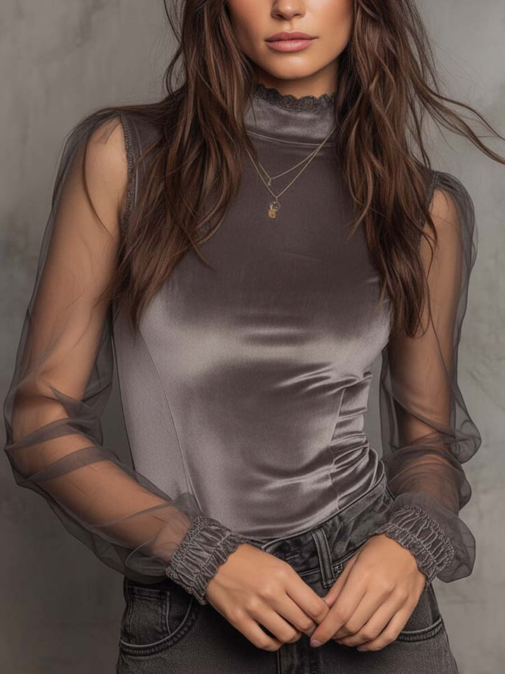 Velvet mesh high-neck top side view