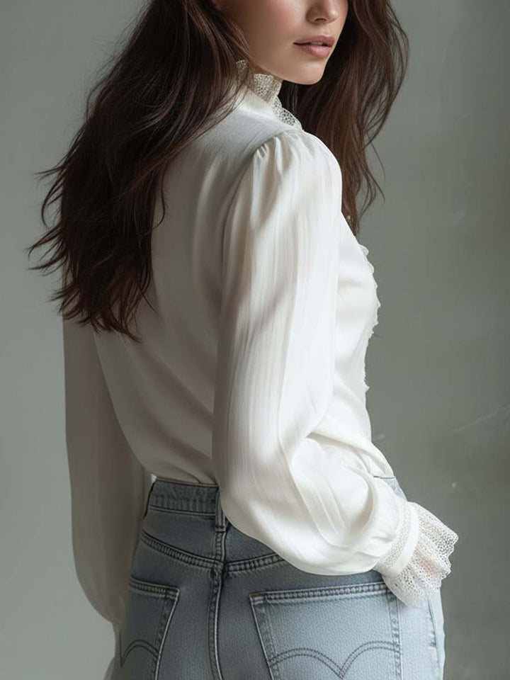 White lace ruffle blouse back view