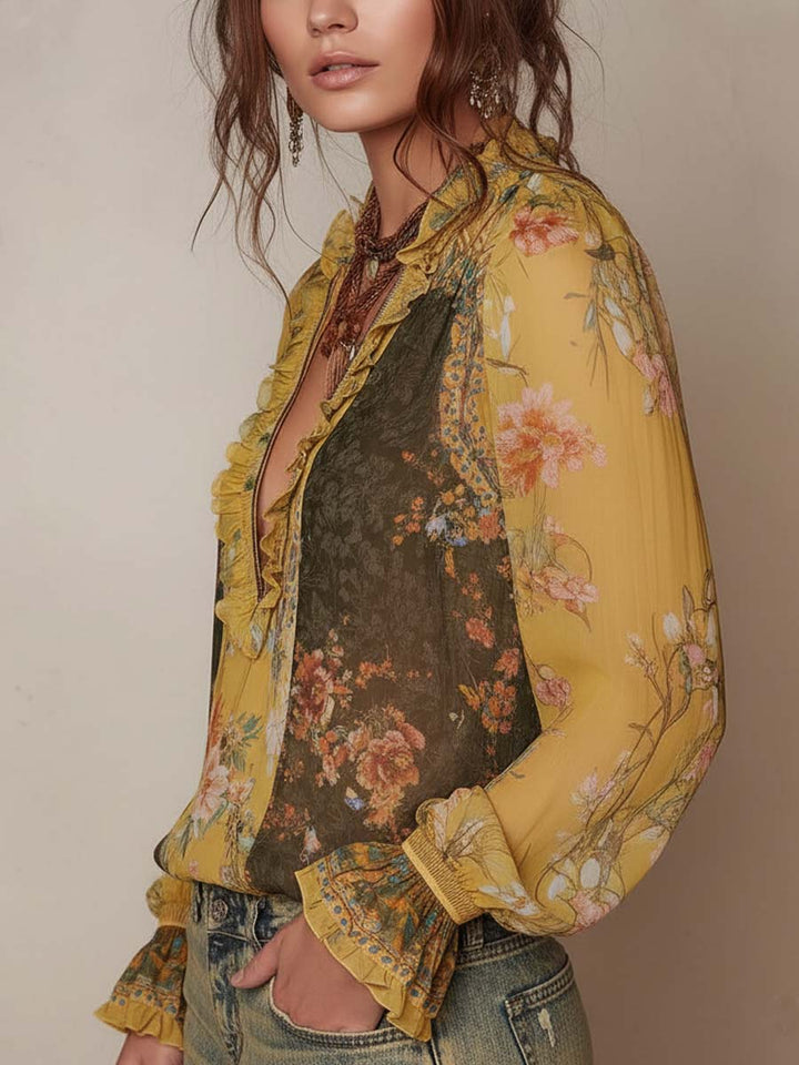 Zip-front floral blouse side view
