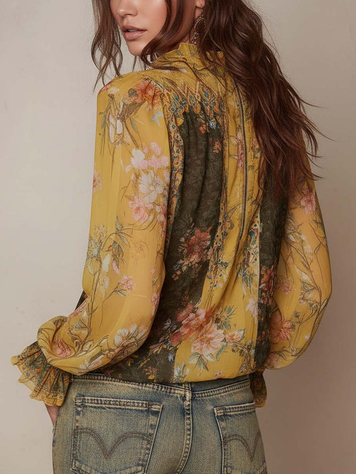 Ruffled chiffon floral blouse back view