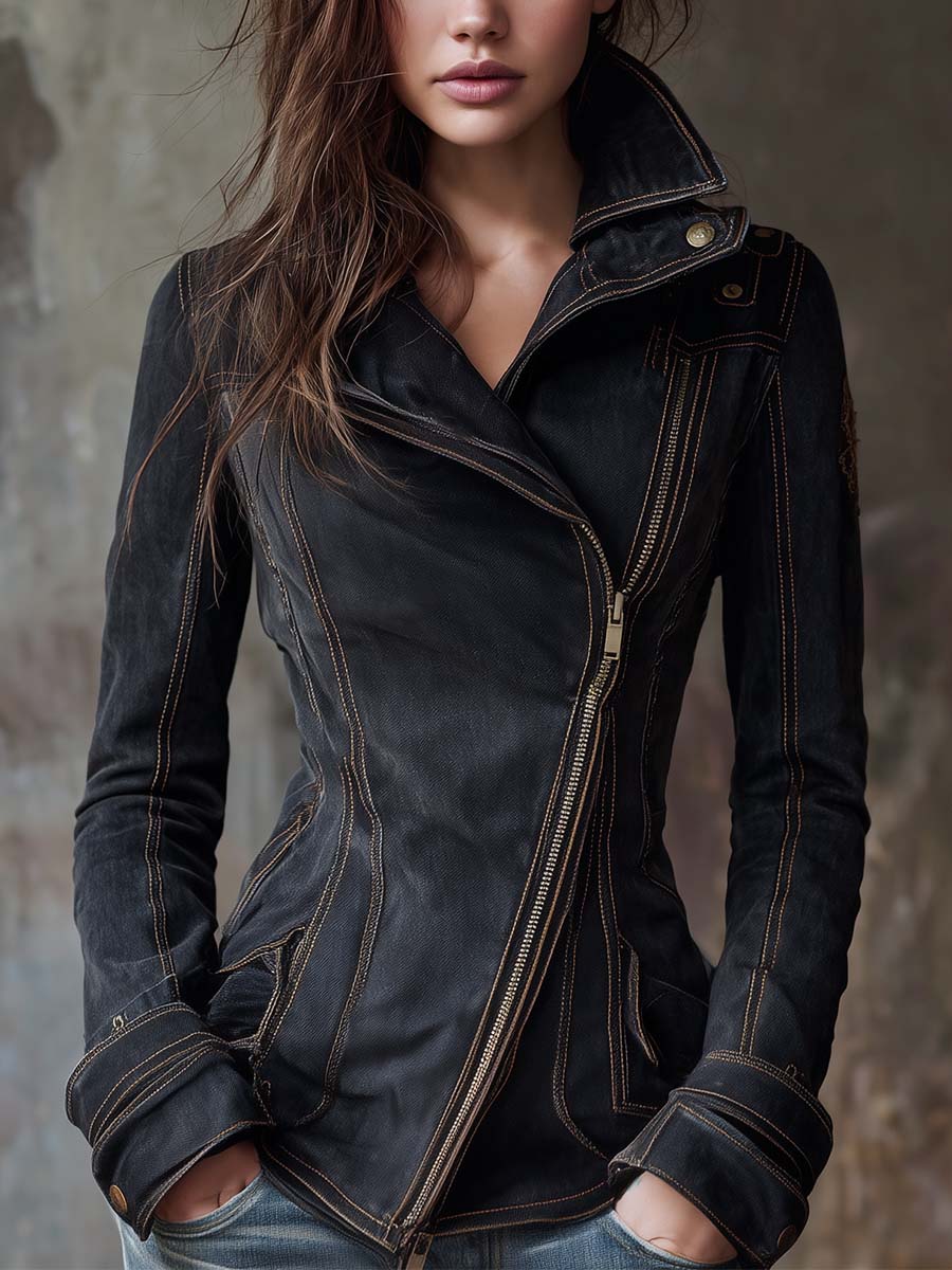 Vintage charcoal washed denim moto jacket front view