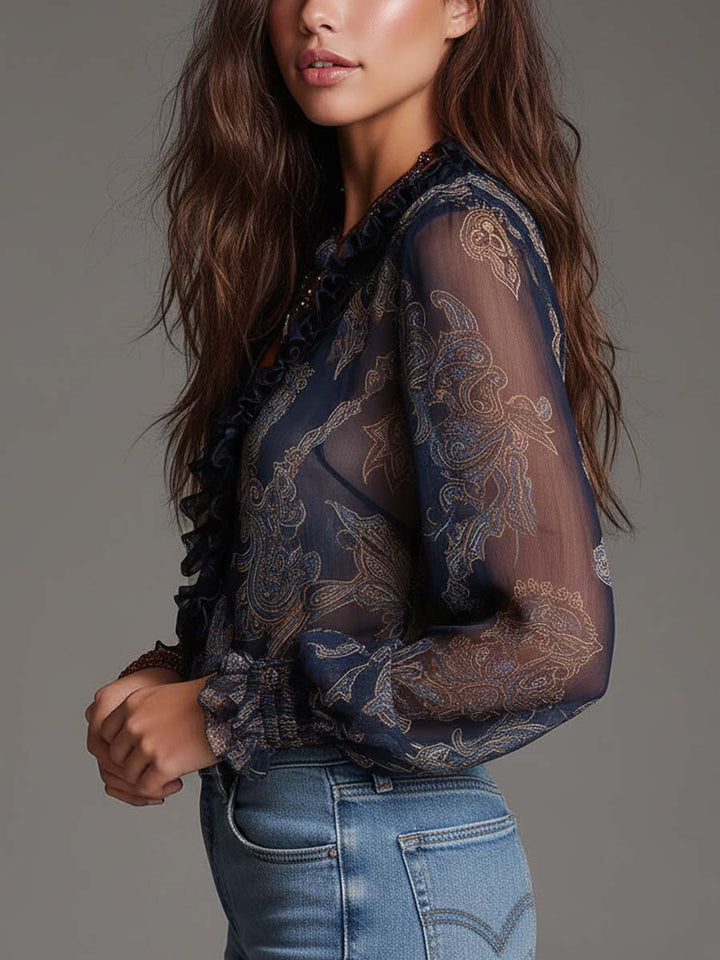 Navy baroque chiffon blouse side view